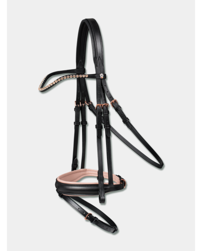 Bridon X-line rosé, strass, cuir marron, cuir noir